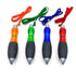 four extra thick pens with lanyards in orange, green, blue, red