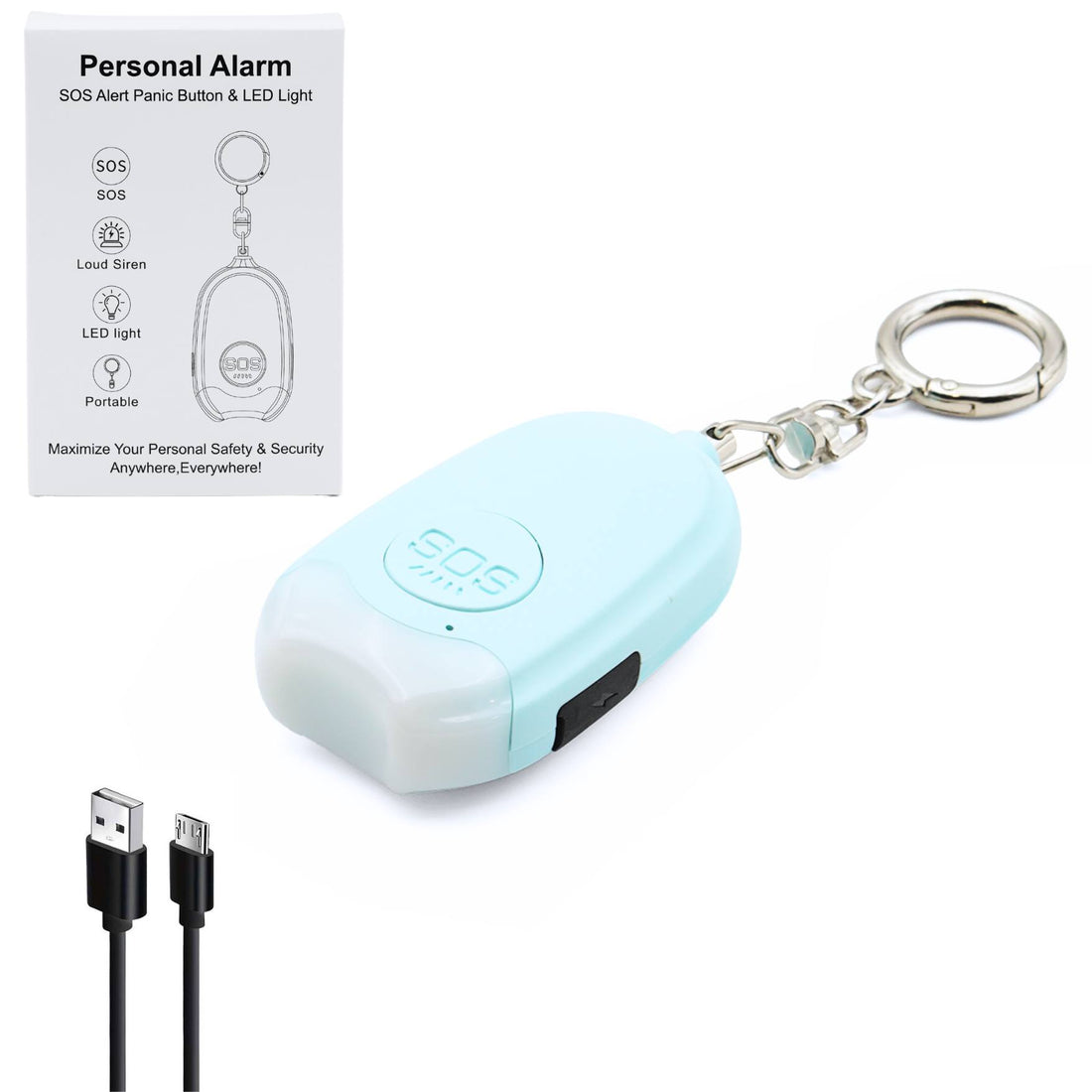 light blue mini personal SOS alarm key rings with torch box contents