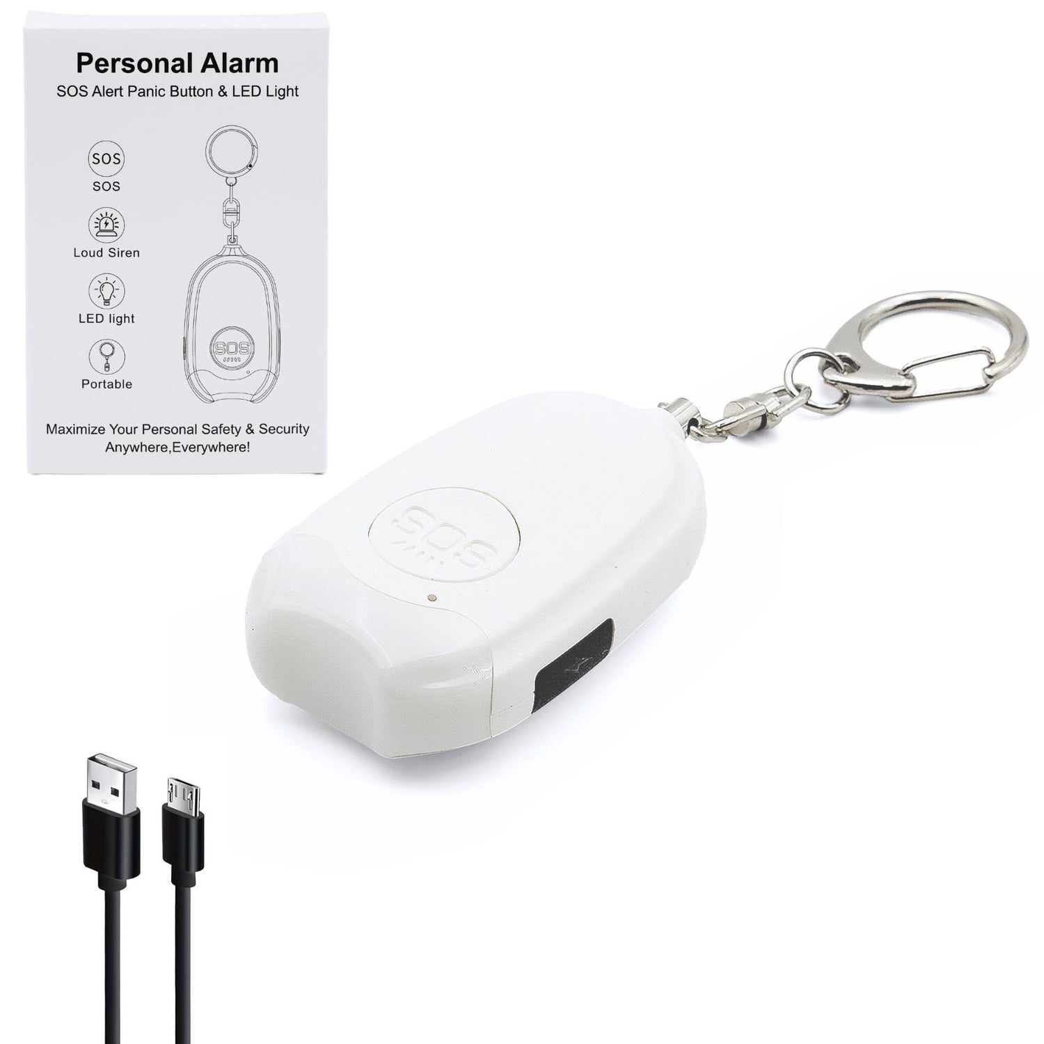 white mini personal SOS alarm key rings with torch box contents