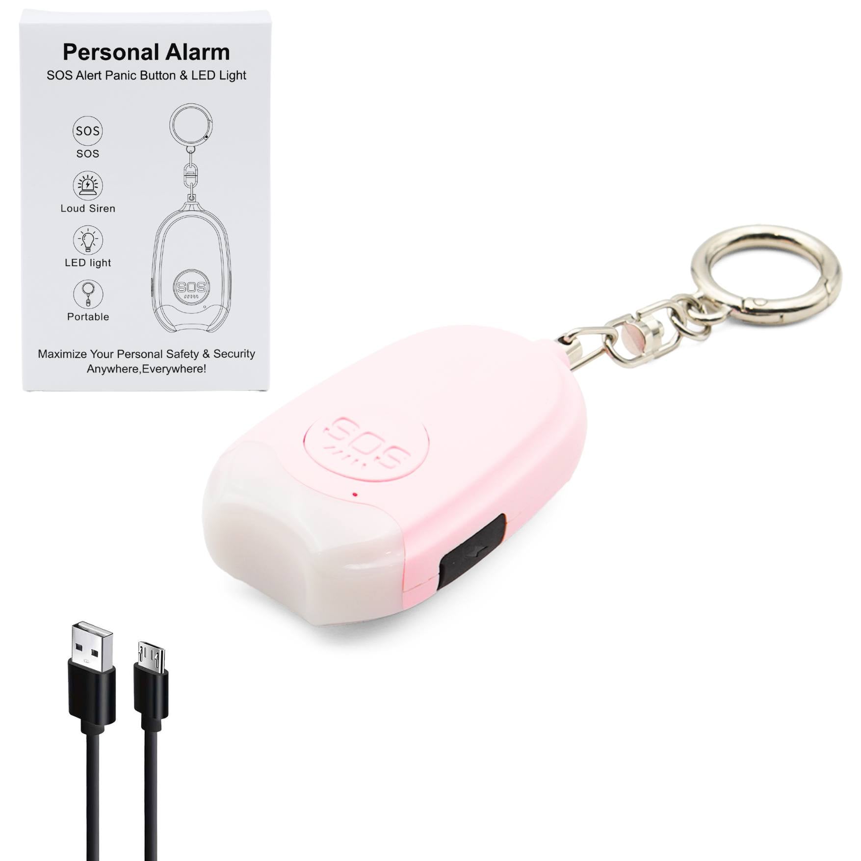 pink mini personal SOS alarm key rings with torch box contents