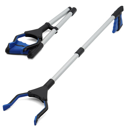 blue long reacher grabber in extended and folded position