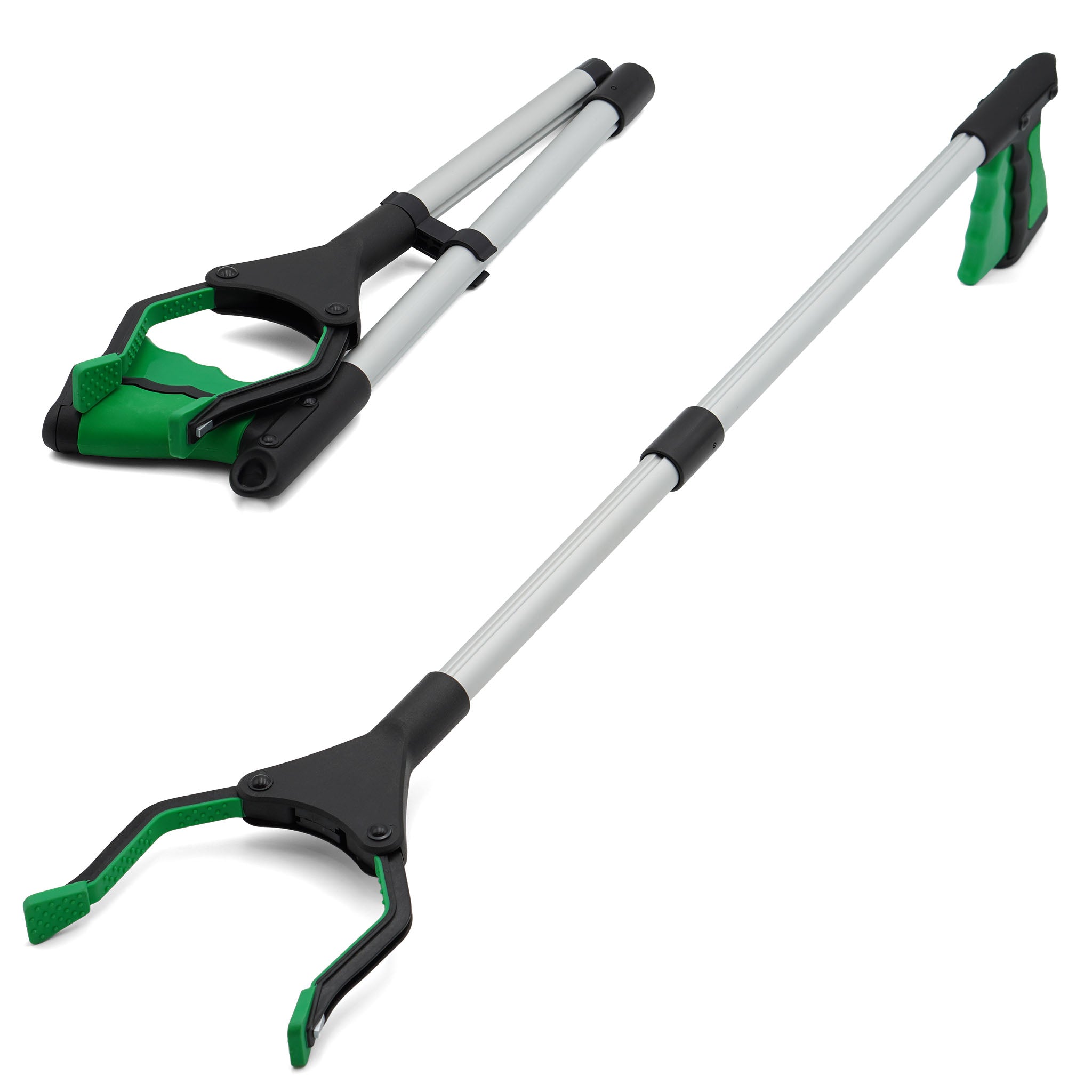 green long reacher grabber in extended and folded position