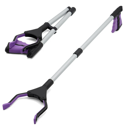 purple long reacher grabber in extended and folded position