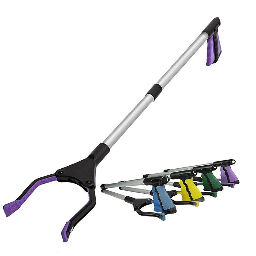 purple long reacher grabber with four reacher grabbers in folded position