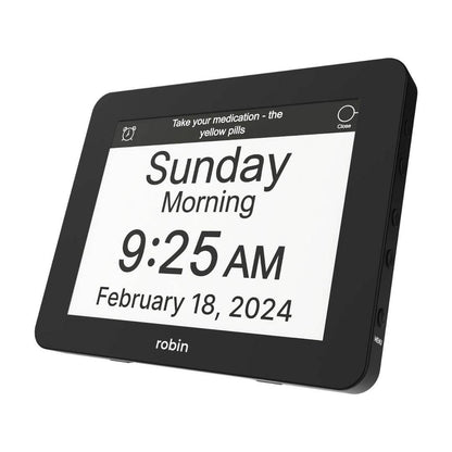 Robin Dementia Day Clock 8 inch in black