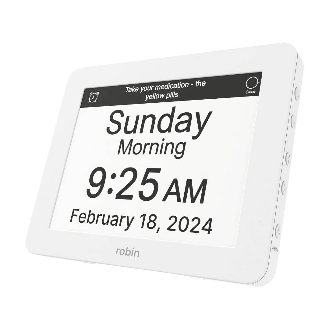 Robin Dementia Day Clock 8 inch in white