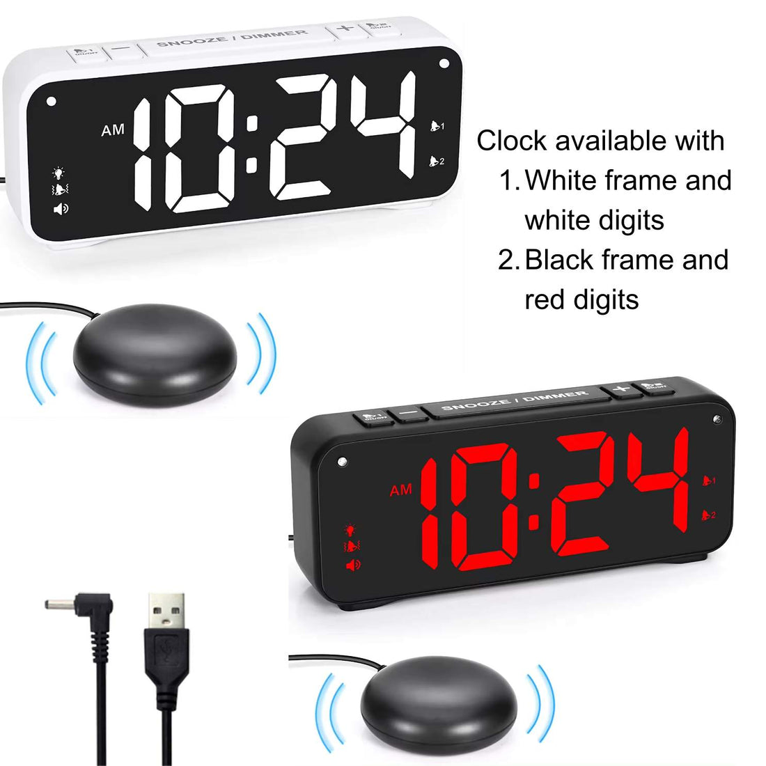 shaker alarm clock in white and black options