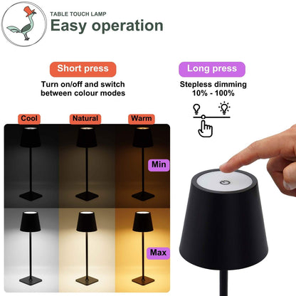 black touch lamp showing 3 different light colour option and each option low and high brightness