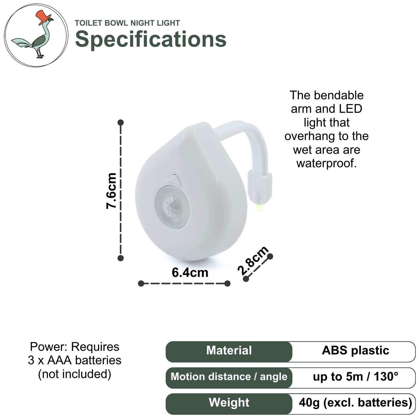 specifications of toilet bowl light 