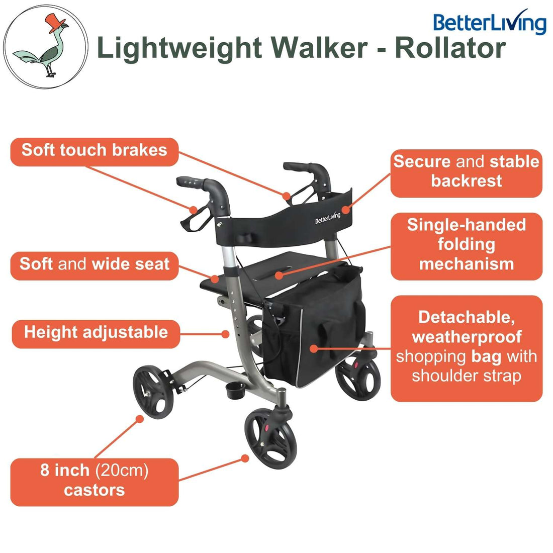 Detailed view of the BetterLiving Euro Wheeled walker - Rollator